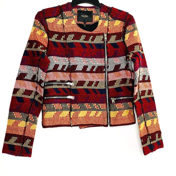 Maje Jackets & Blazers - Maje Aztec Moto Jacquard Jacket Asymmetric Zip Front Sz 38 Medium Quiet Luxury